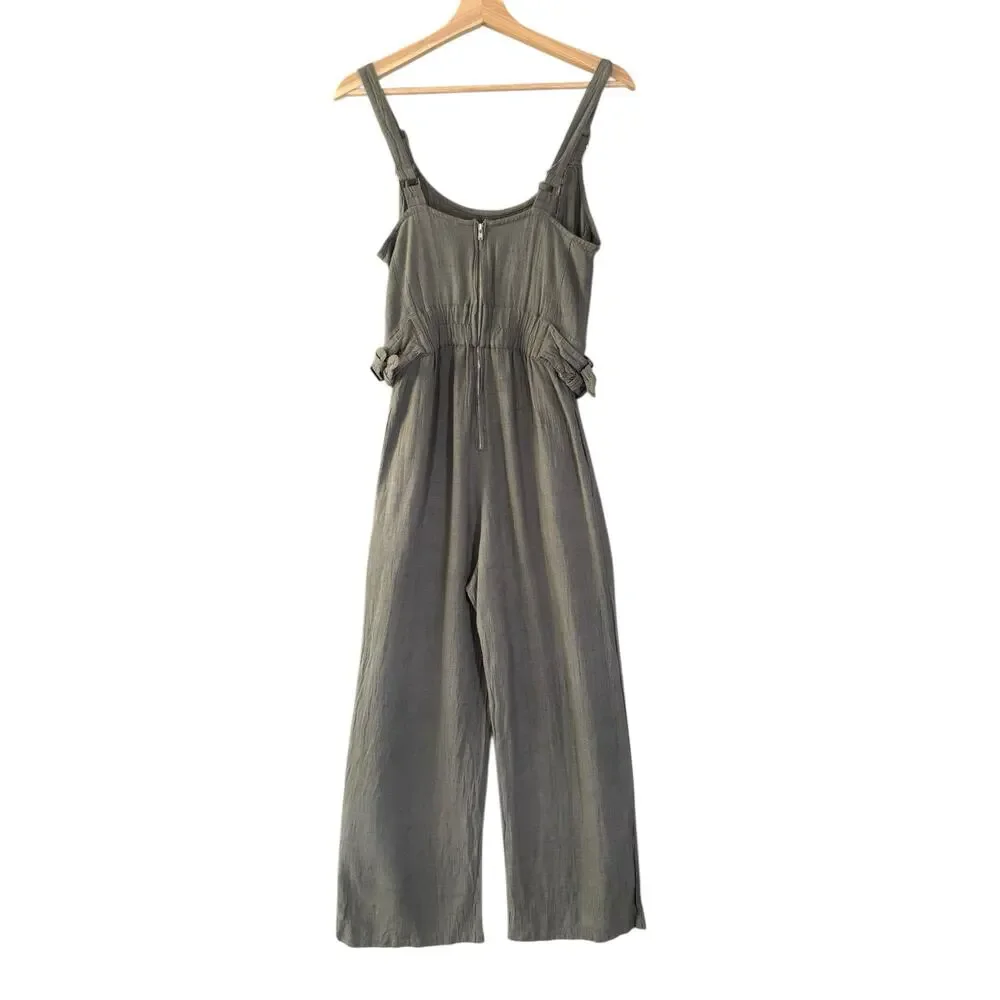 Jonny Cota Women's Chick Buckle Gray Linen Overalls Jumpsuit S Wide‎ Leg Luxury